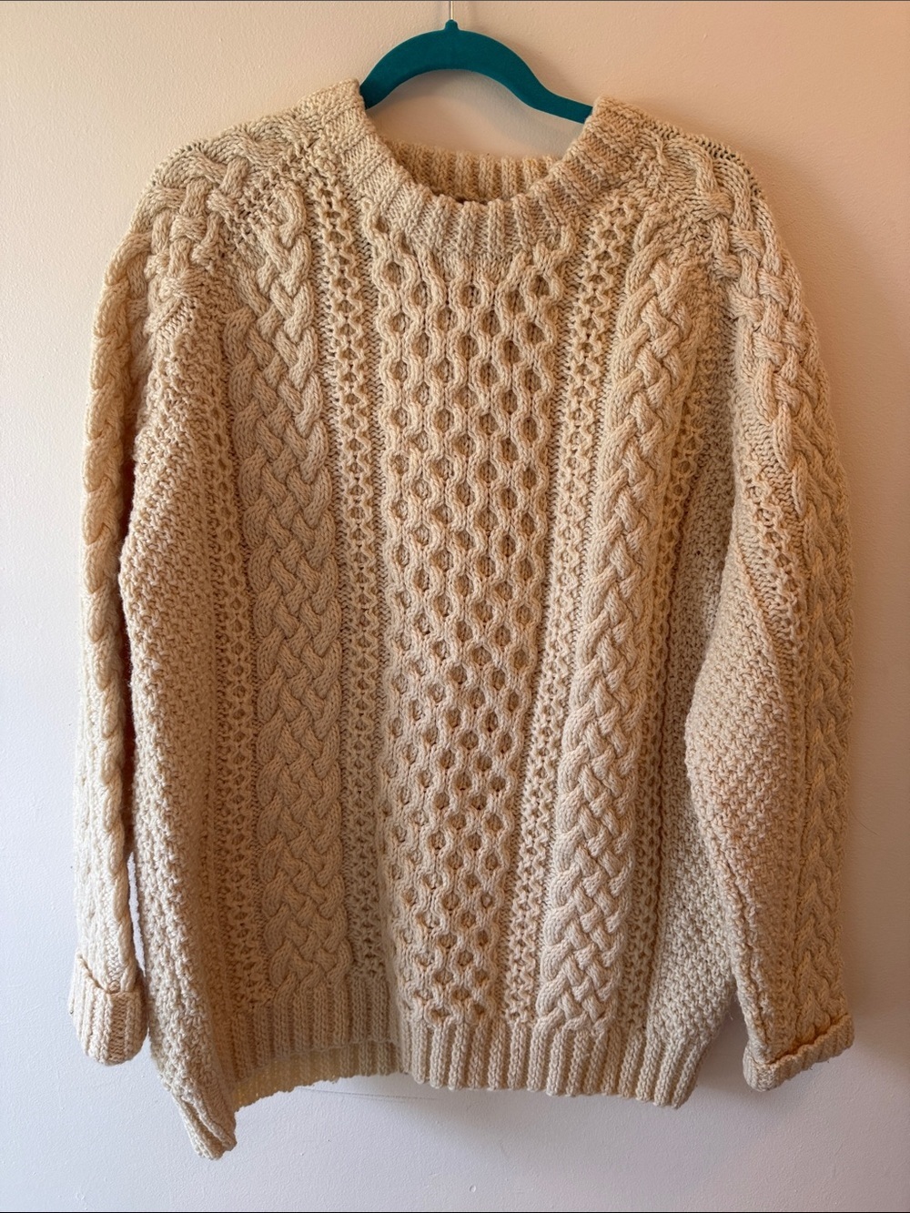 Standun Irish Galway Hand-Knit Chunky Cable Knit Sweater In Cream Xl